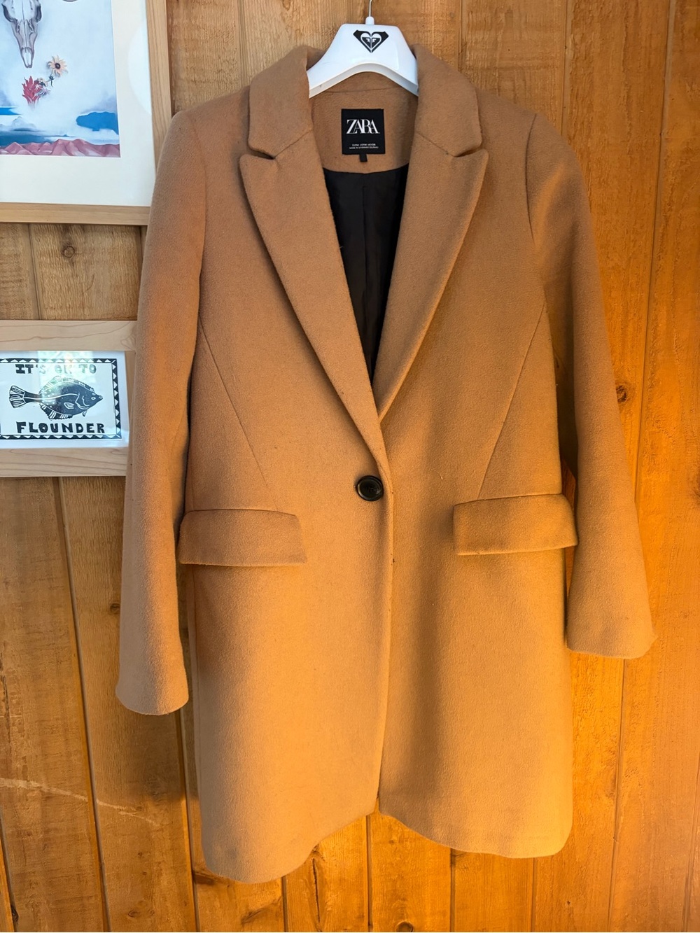 Zara Camel Single-Button Wool-Blend Pea Coat